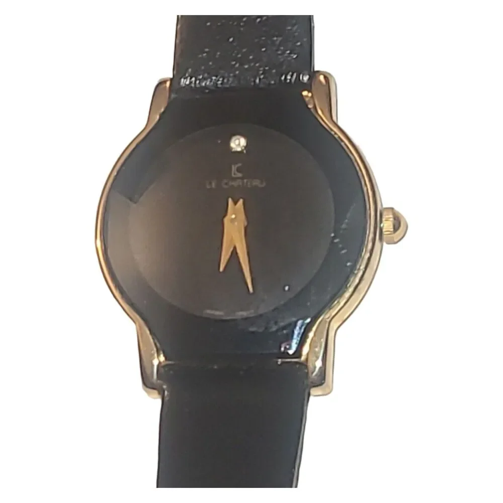 Le Chateau Womens DAIMOND 18k Gold Plated Watch Black Leather *Needs Battery‎